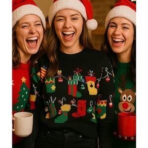 Lubot Woman’s Sz Small UGLY Christmas Black Sweater Stockings Holiday